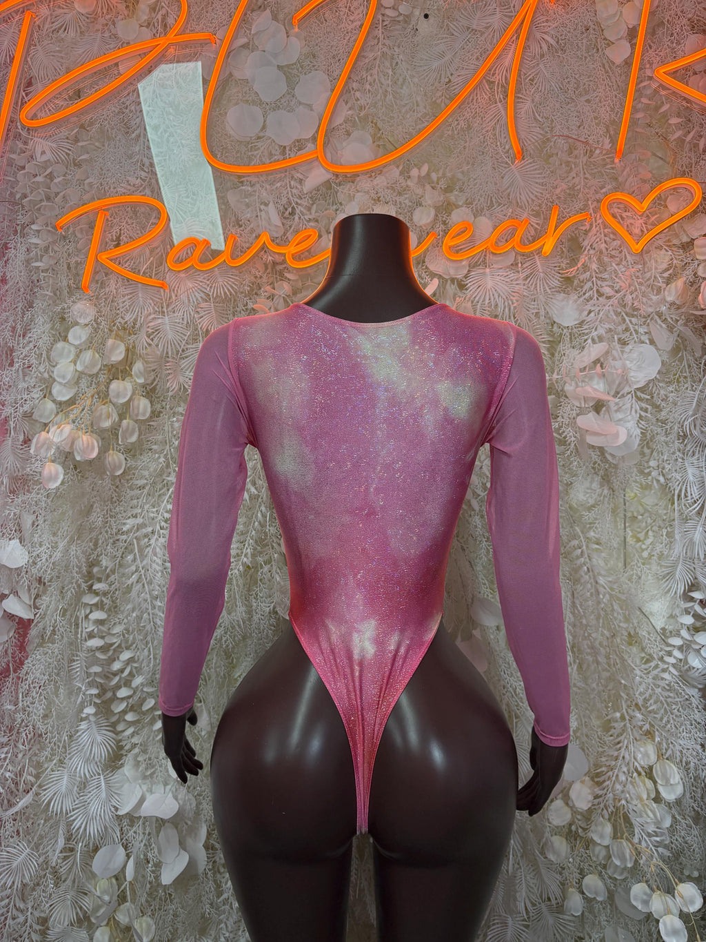 Pink metallic long-sleeve bodysuit with open V-back and full rear coverage