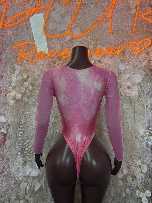 Pink metallic long-sleeve thong bodysuit with low back