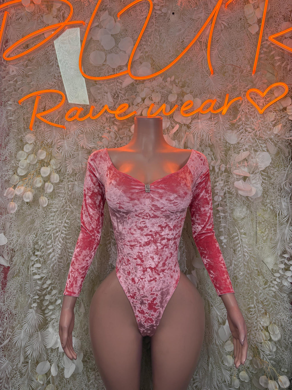 Pink velvet dance bodysuit, long sleeves, V neckline, sheer textured fabric