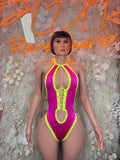 Halter bodysuit, magenta with chartreuse trim, front keyhole cutouts