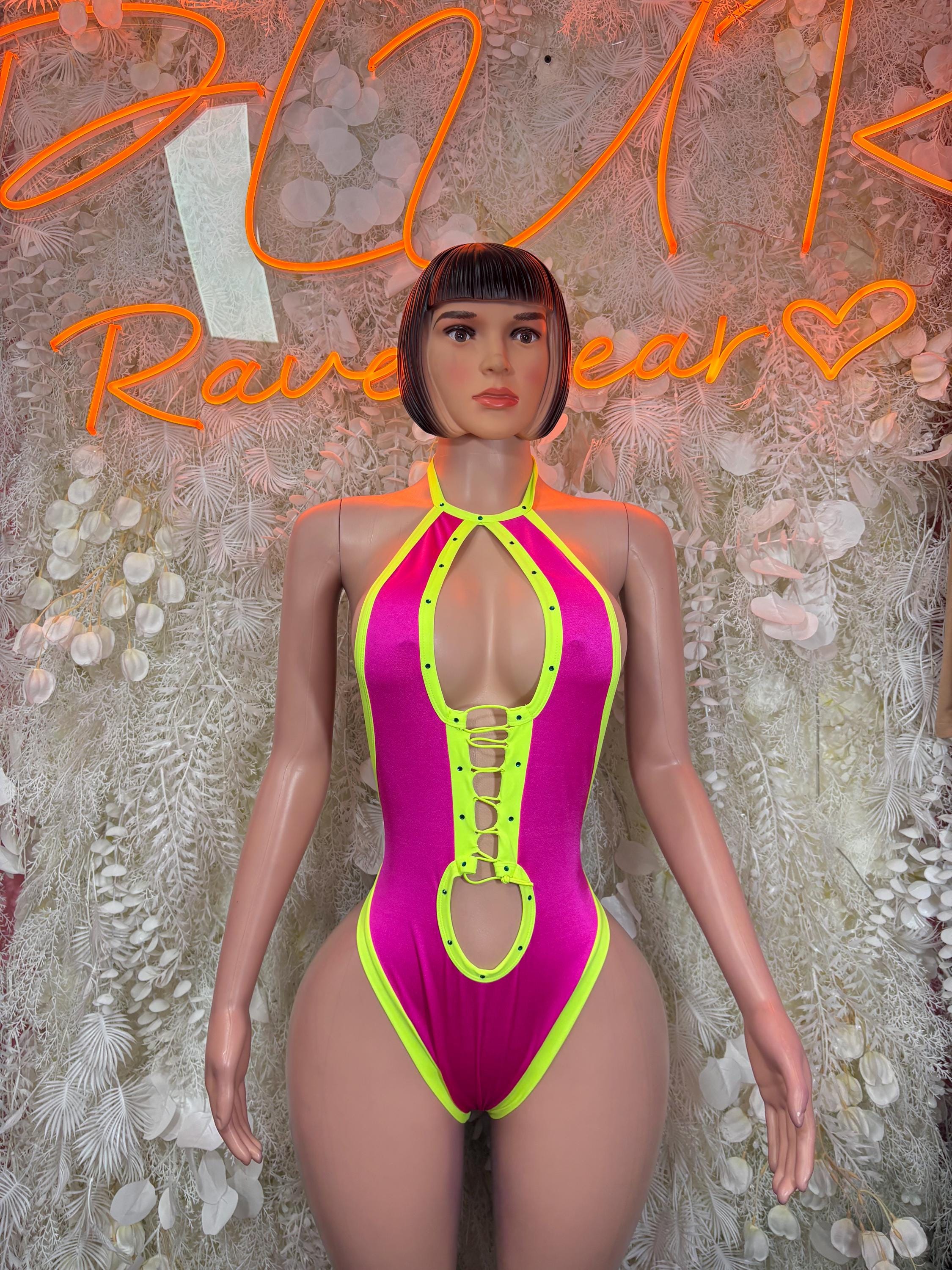 Halter bodysuit, magenta with chartreuse trim, front keyhole cutouts