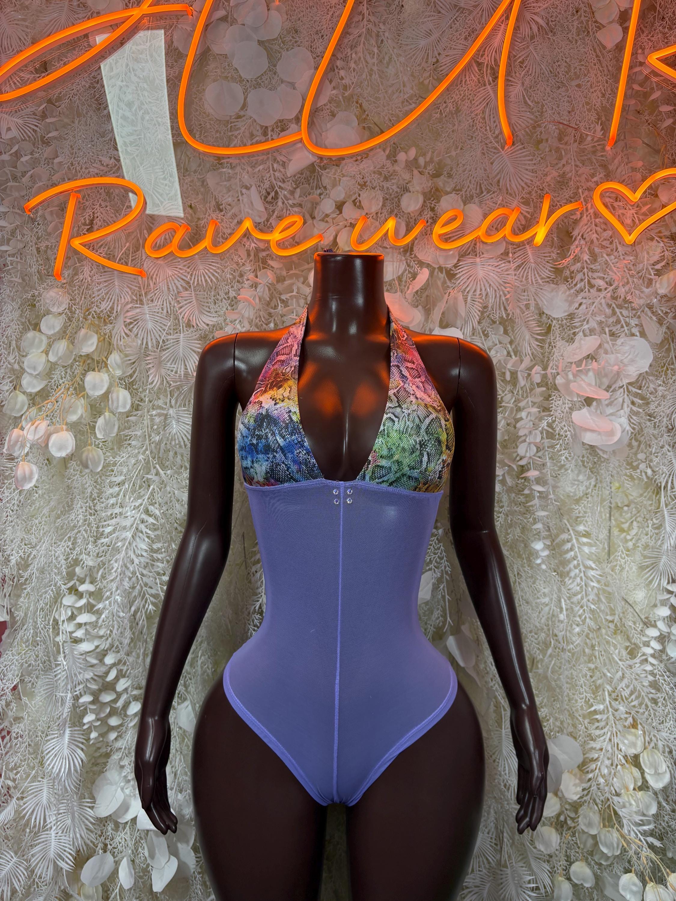 Purple one-piece bodysuit with V-neck and multicolor lace front panel