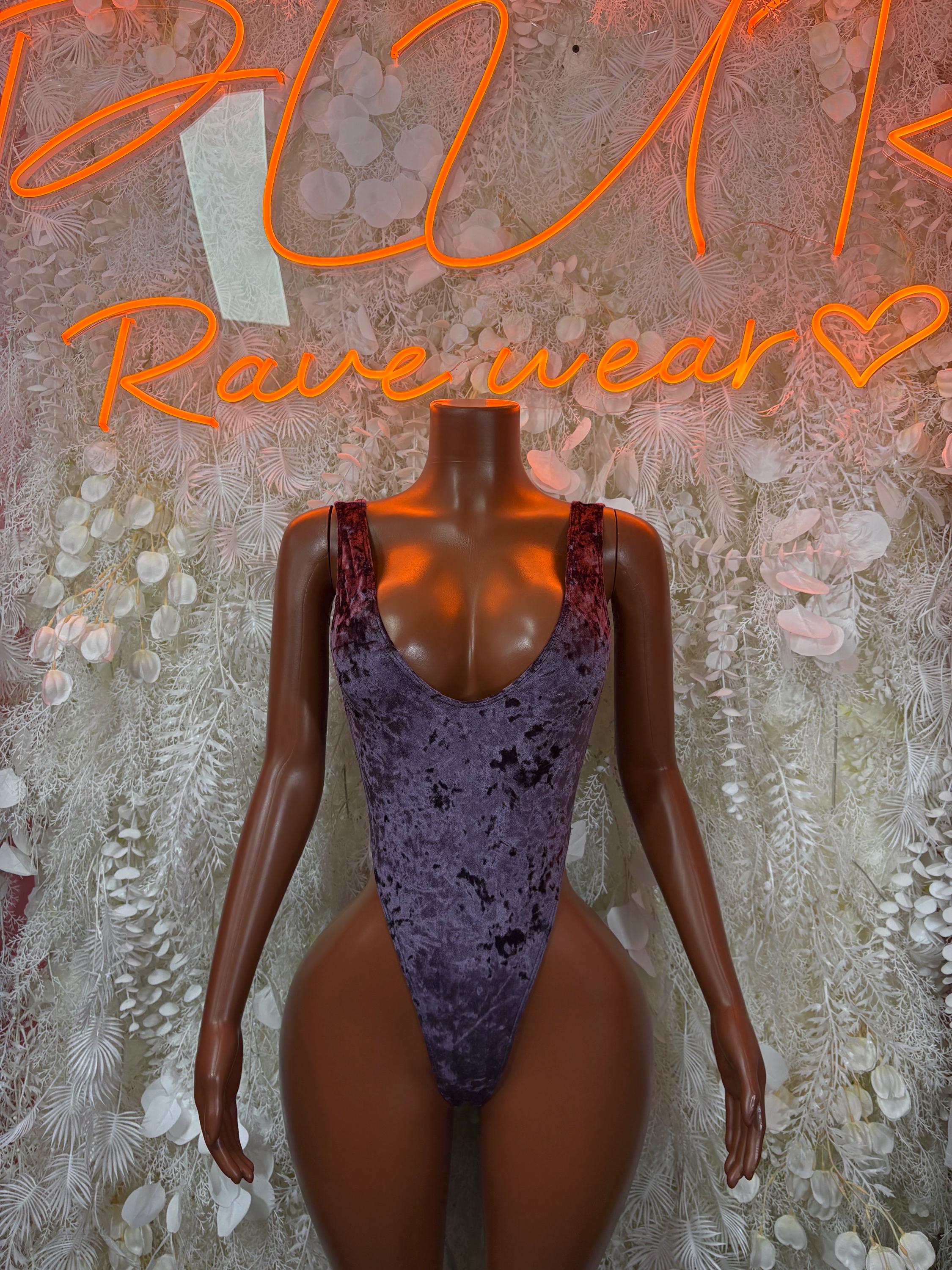 Purple velvet one-piece bodysuit with scoop neckline, fitted front view
