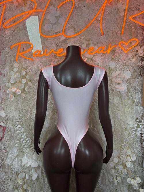 Pink sleeveless bodysuit with scoop back and high-leg brief cut
