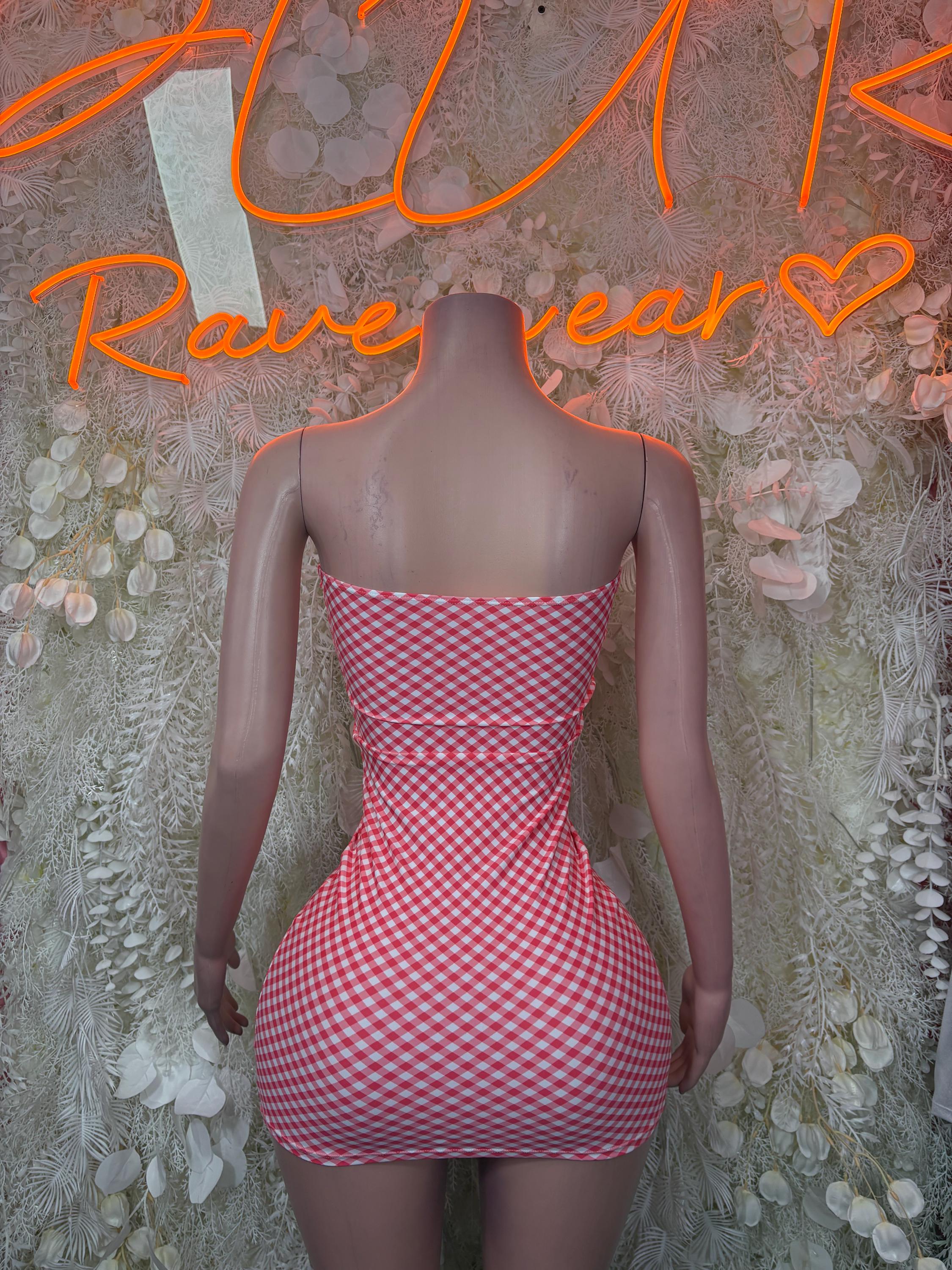 Red-and-white checkered mini dress with V-back, sleeveless fit