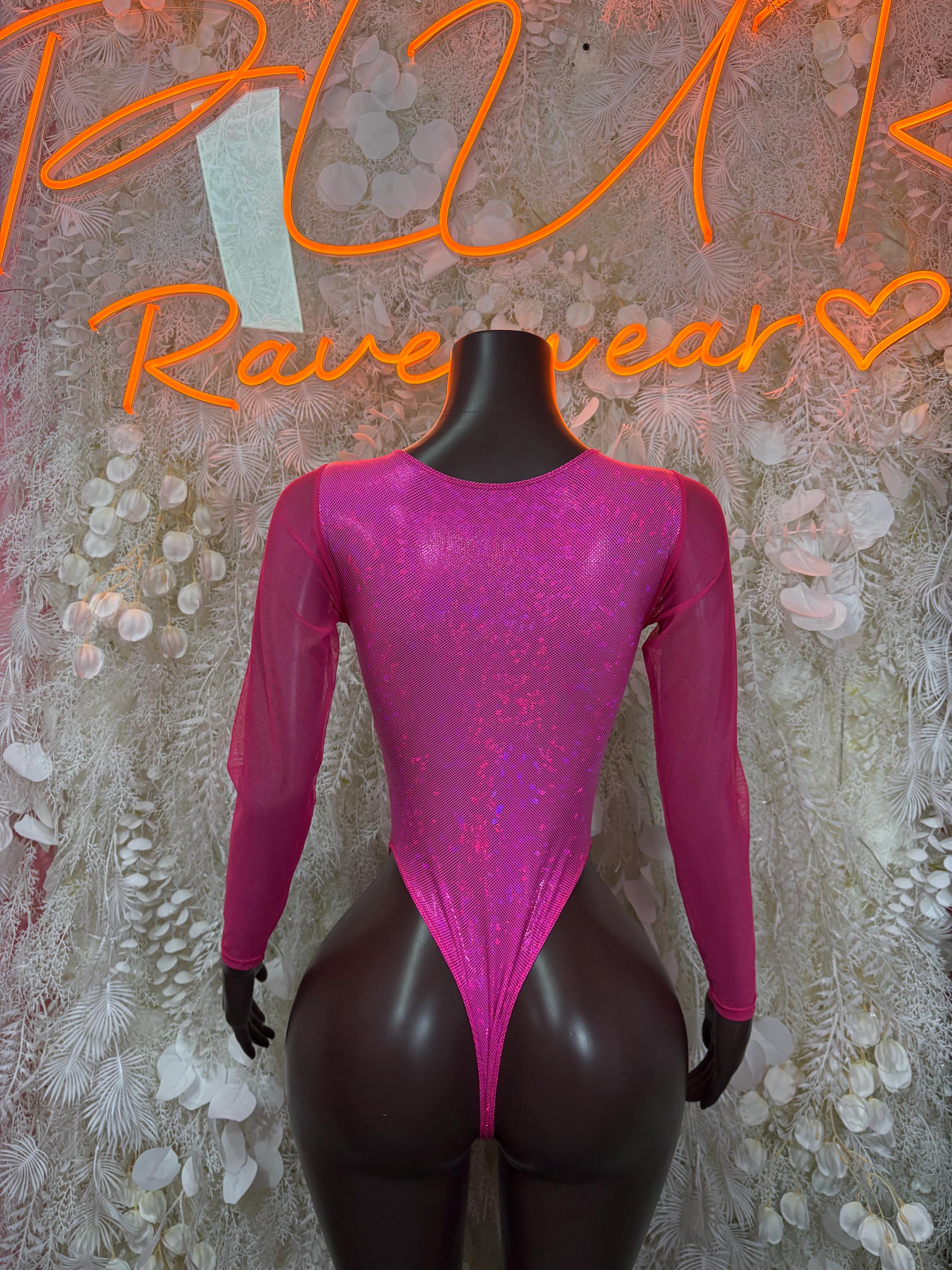 Pink long-sleeve glitter bodysuit with tie front and deep V neckline