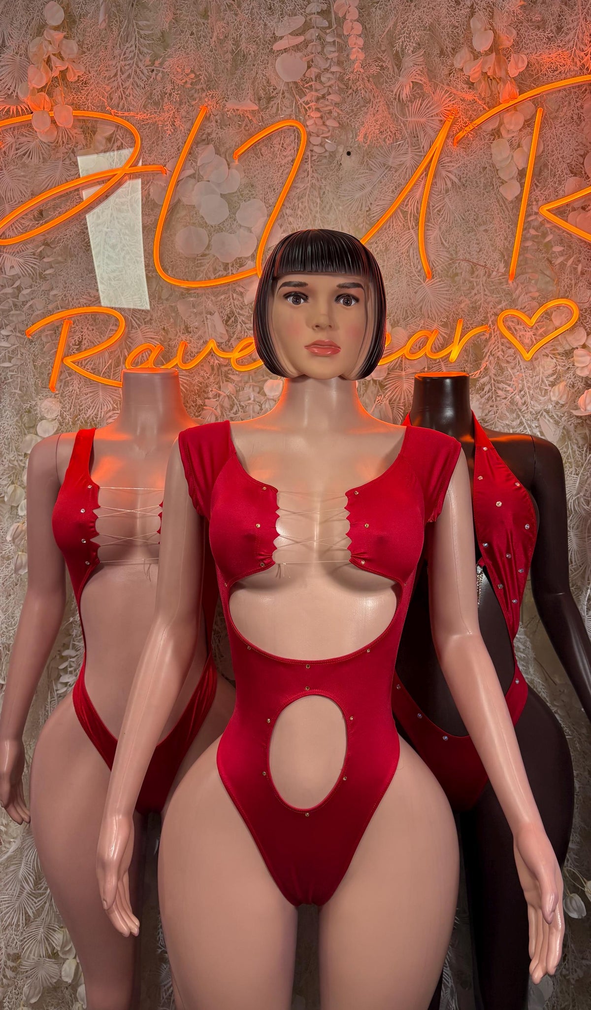 Rave Bodysuit Red Festival Outfit Women - Exotic Dancewear Clubwear Bottle Girl - image 3
