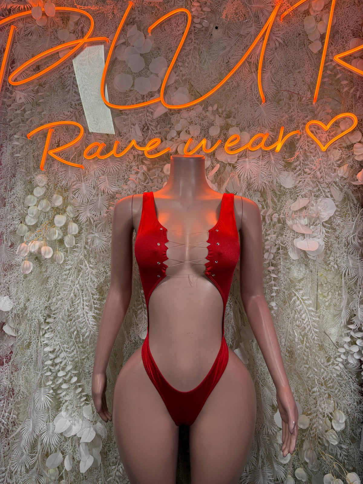 Rave Bodysuit Red Festival Outfit Women - Exotic Dancewear Clubwear Bottle Girl