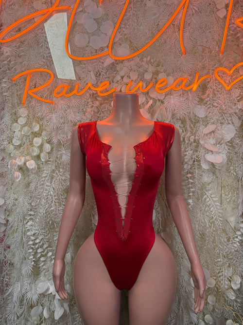 Red V-neck sleeveless bodysuit with front cutout and thong bottom
