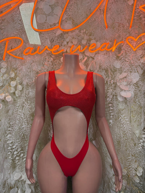 Red sequin bodysuit with high-cut legs and scoop front neckline