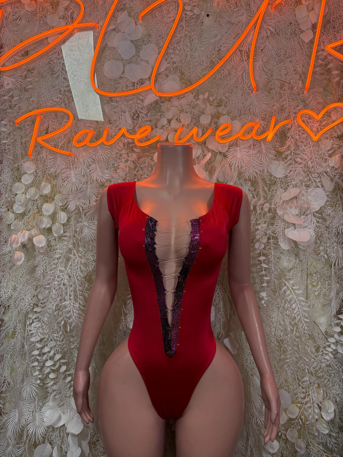 Festival Bodysuit Red Rave Outfit Women - Exotic Dancewear Clubwear Bottle Girl