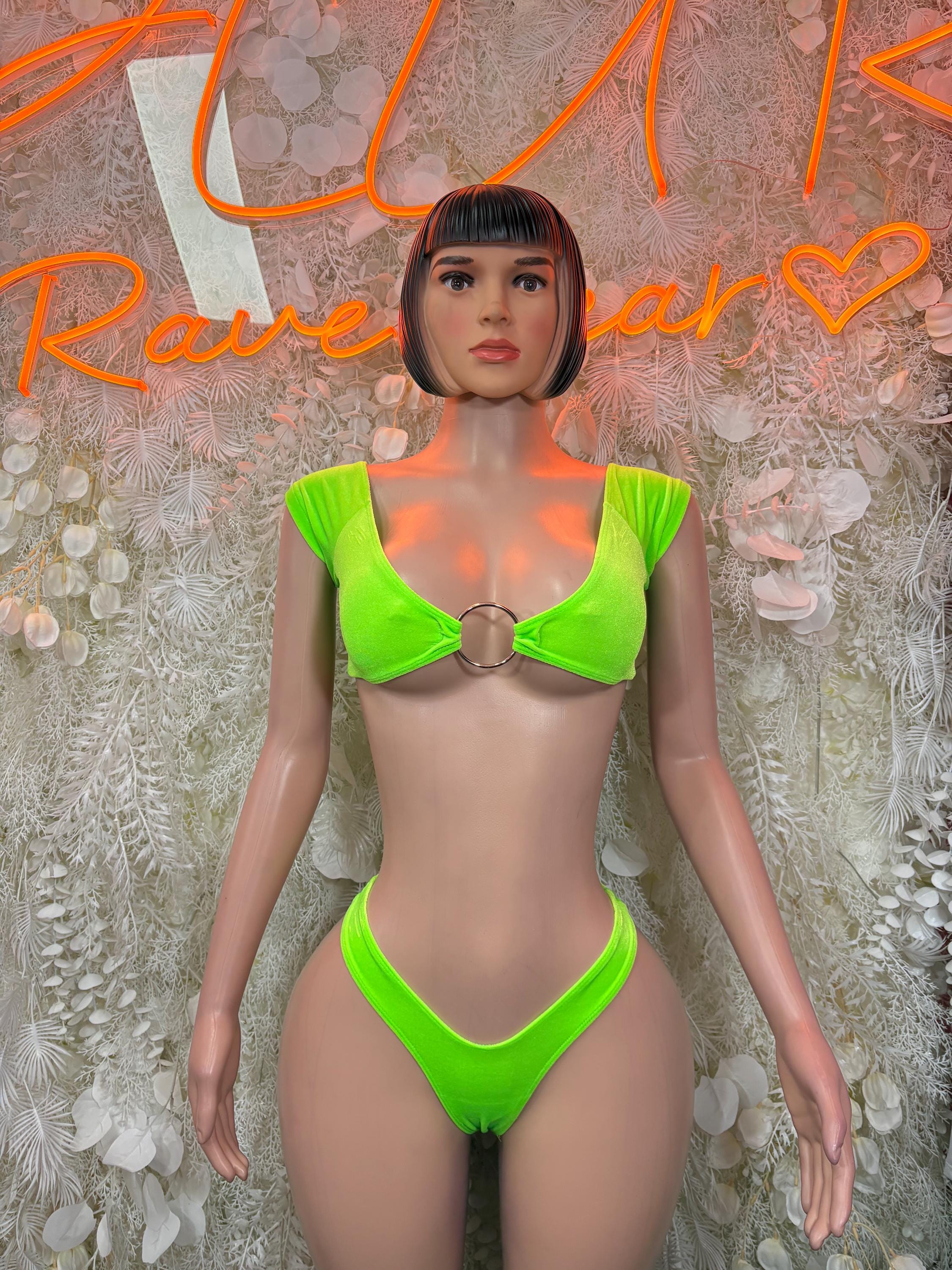 Neon green two-piece bikini with ring front and V-neck triangle cups