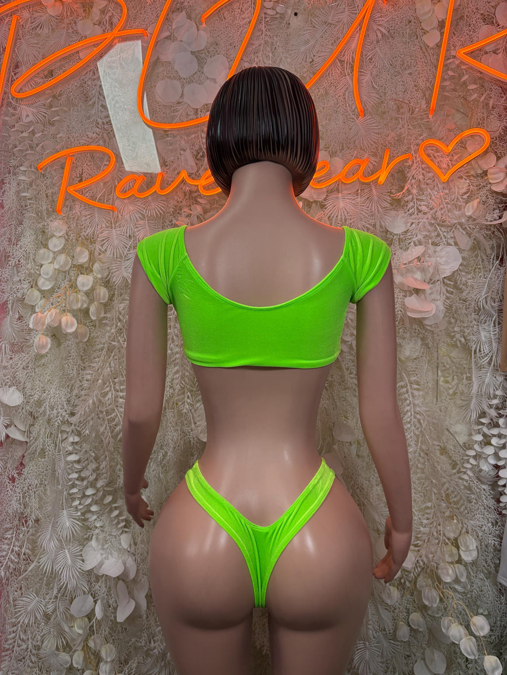 Neon green two-piece bikini, scooped back and matching high-leg bottoms