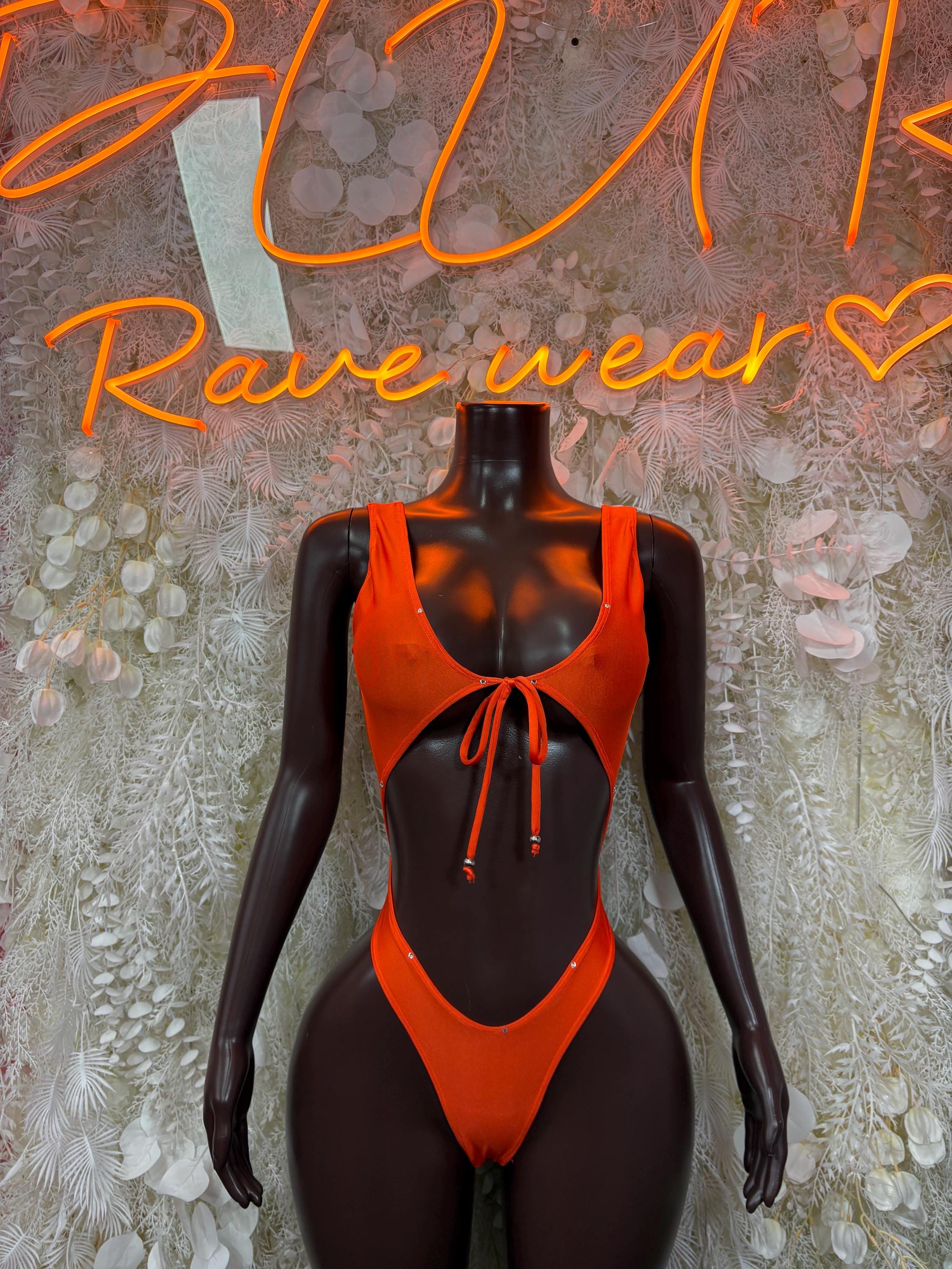 Neon orange one-piece bodysuit with low scoop neckline and center tie strings