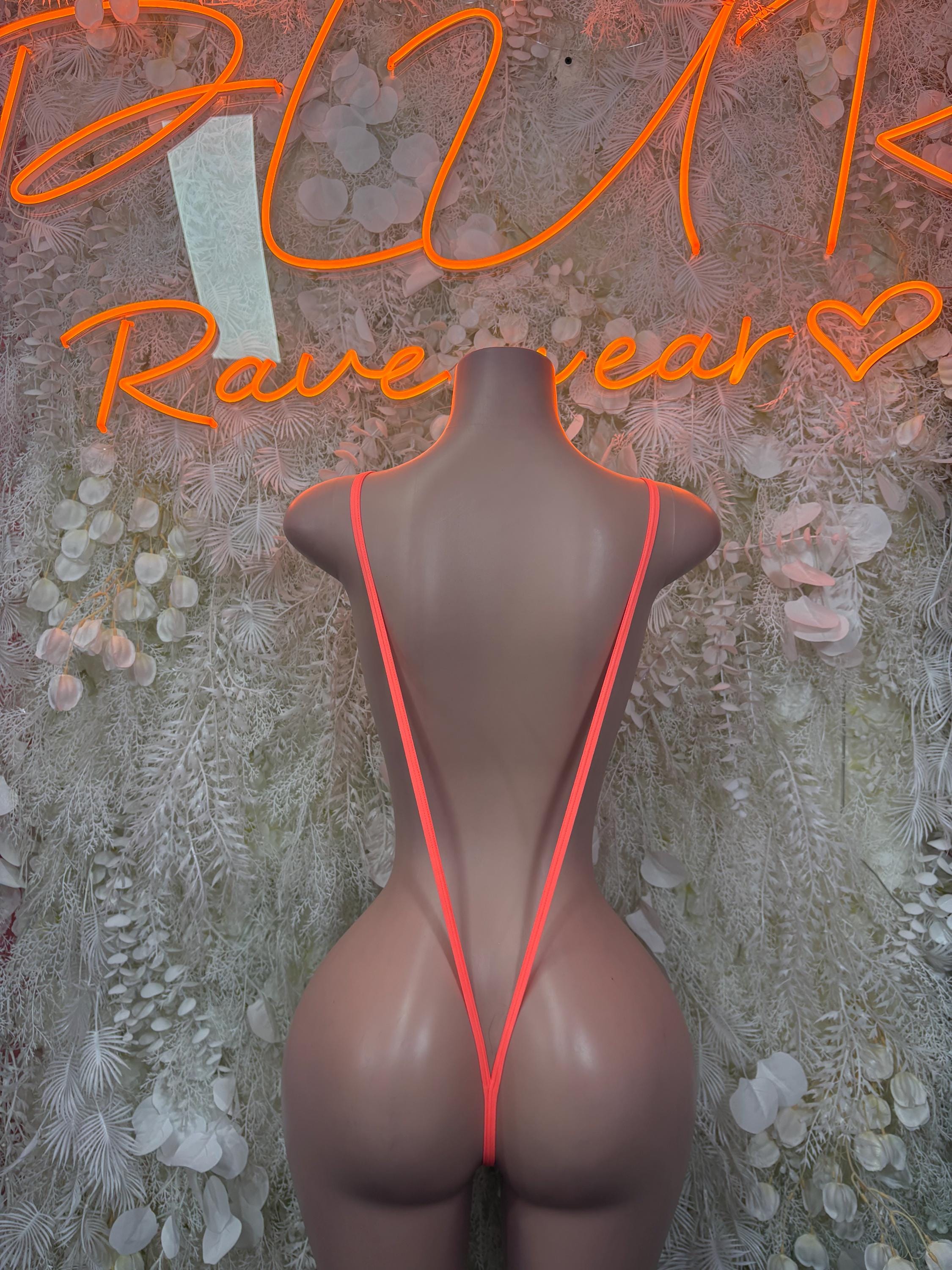 Neon orange mesh one-piece bodysuit with low V back and spaghetti straps