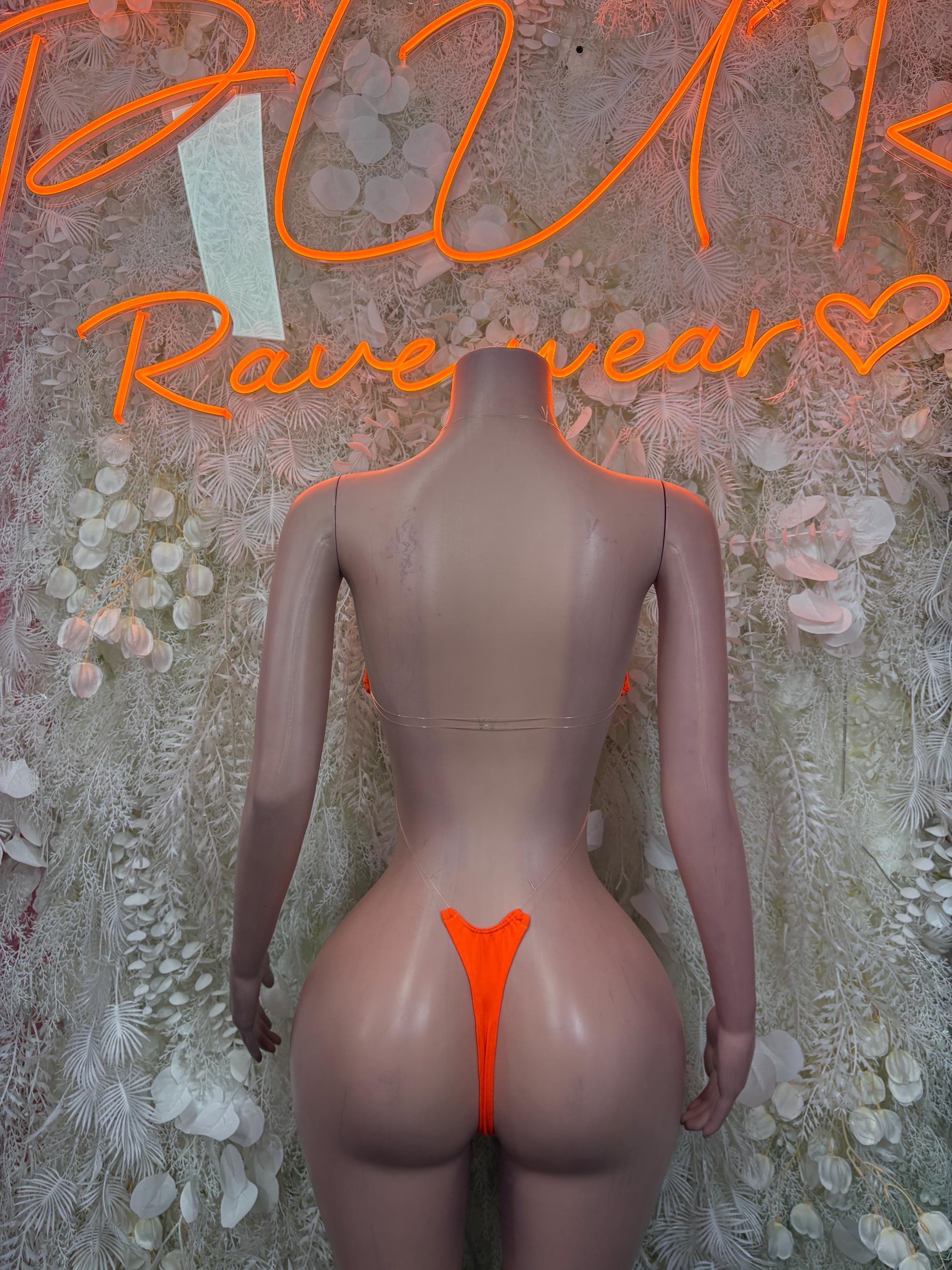 Neon orange embellished one-piece bodysuit, back view with thin V-shaped back