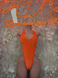 Orange mesh one-piece bodysuit with wide V neck and thin straps