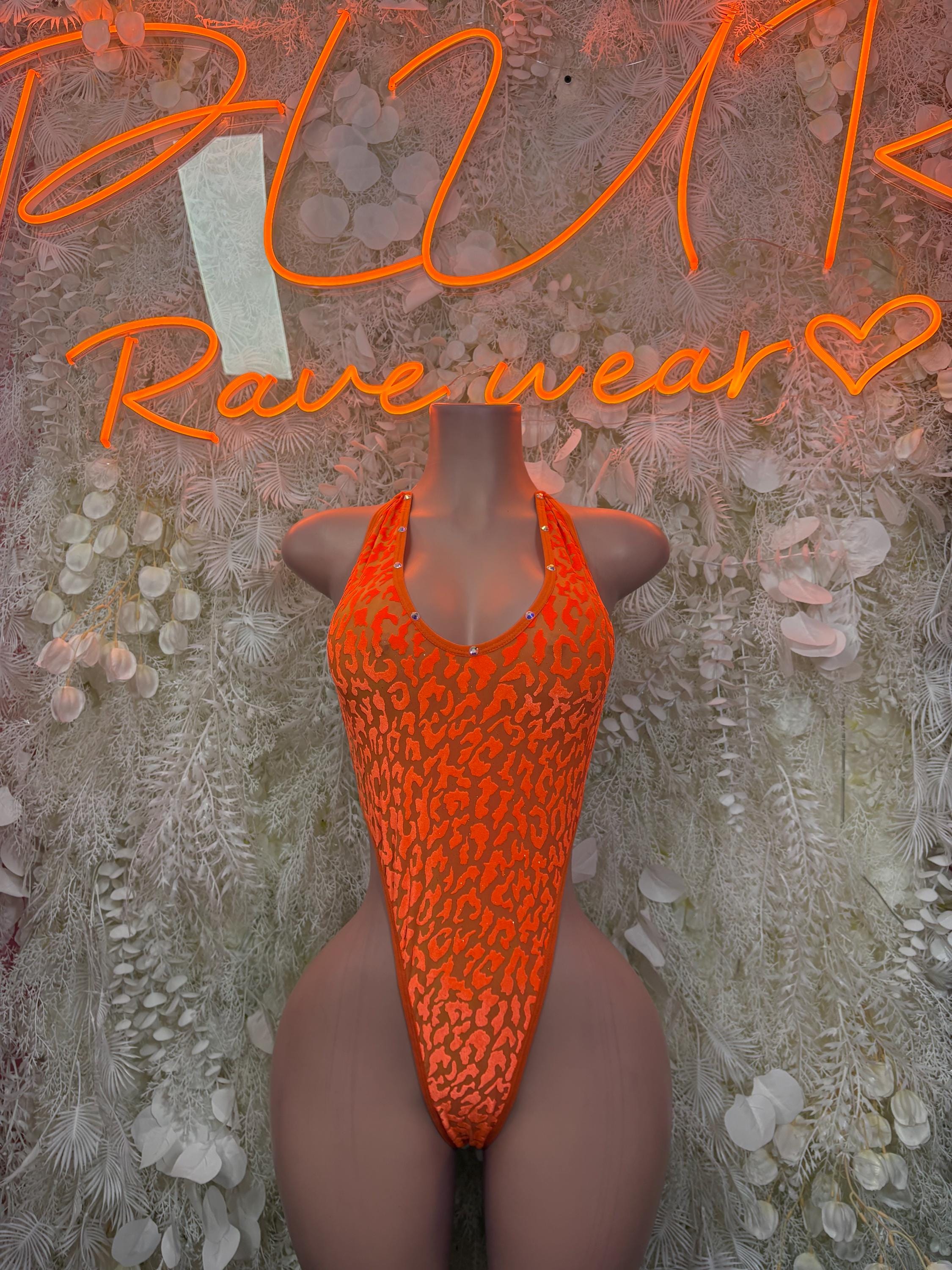 Orange mesh one-piece bodysuit with wide V neck and thin straps