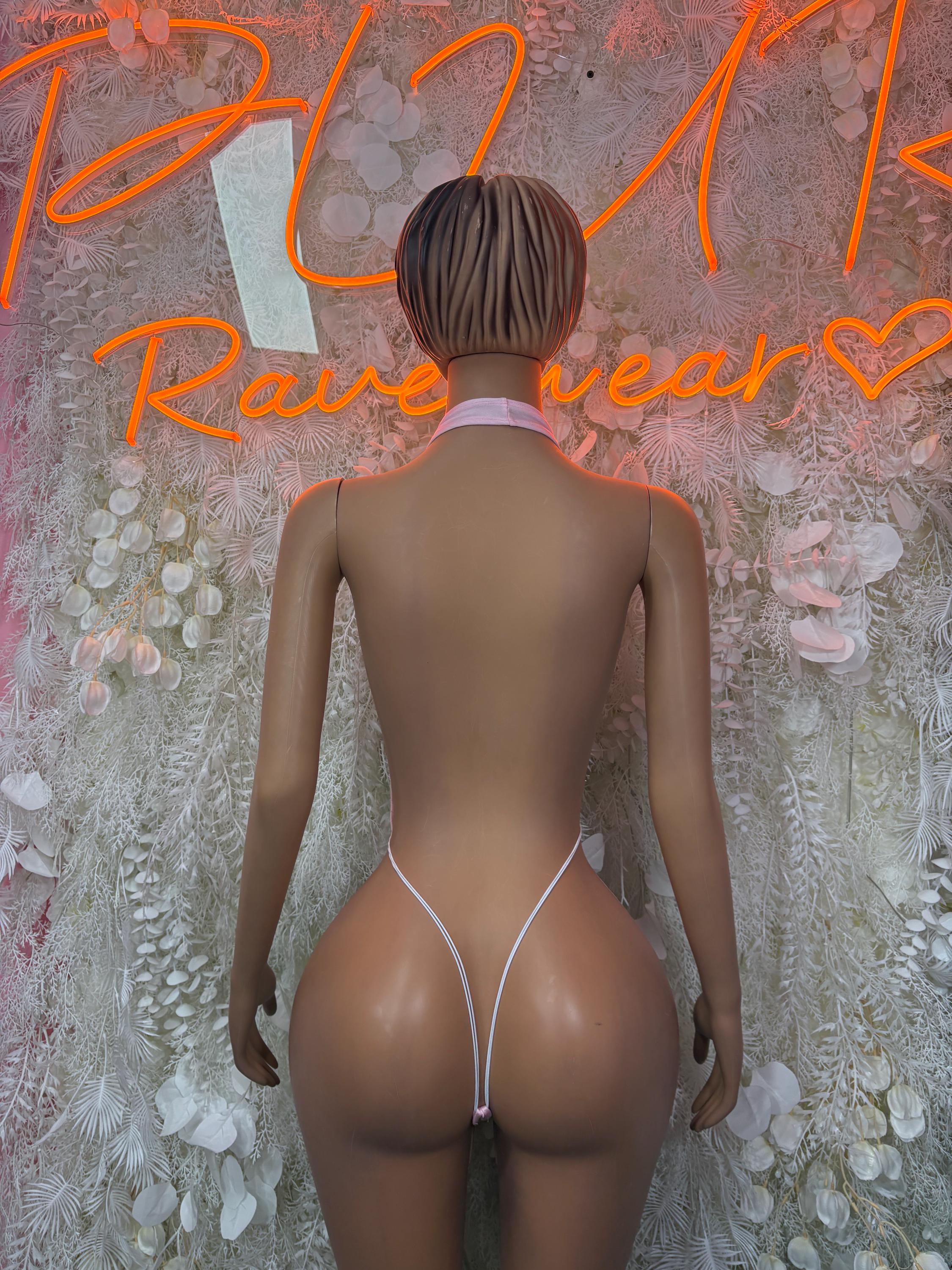 Pink halter bodysuit, open-back with thin back straps and V-shape bottom