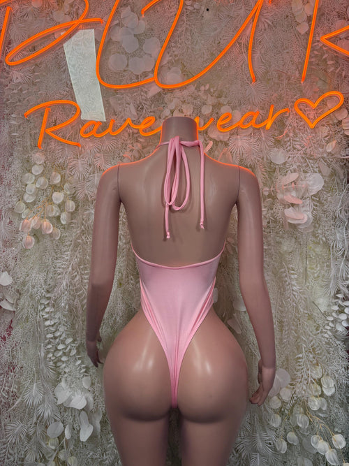 Baby pink halter one-piece bodysuit with long tie at back, open back, cheeky cut
