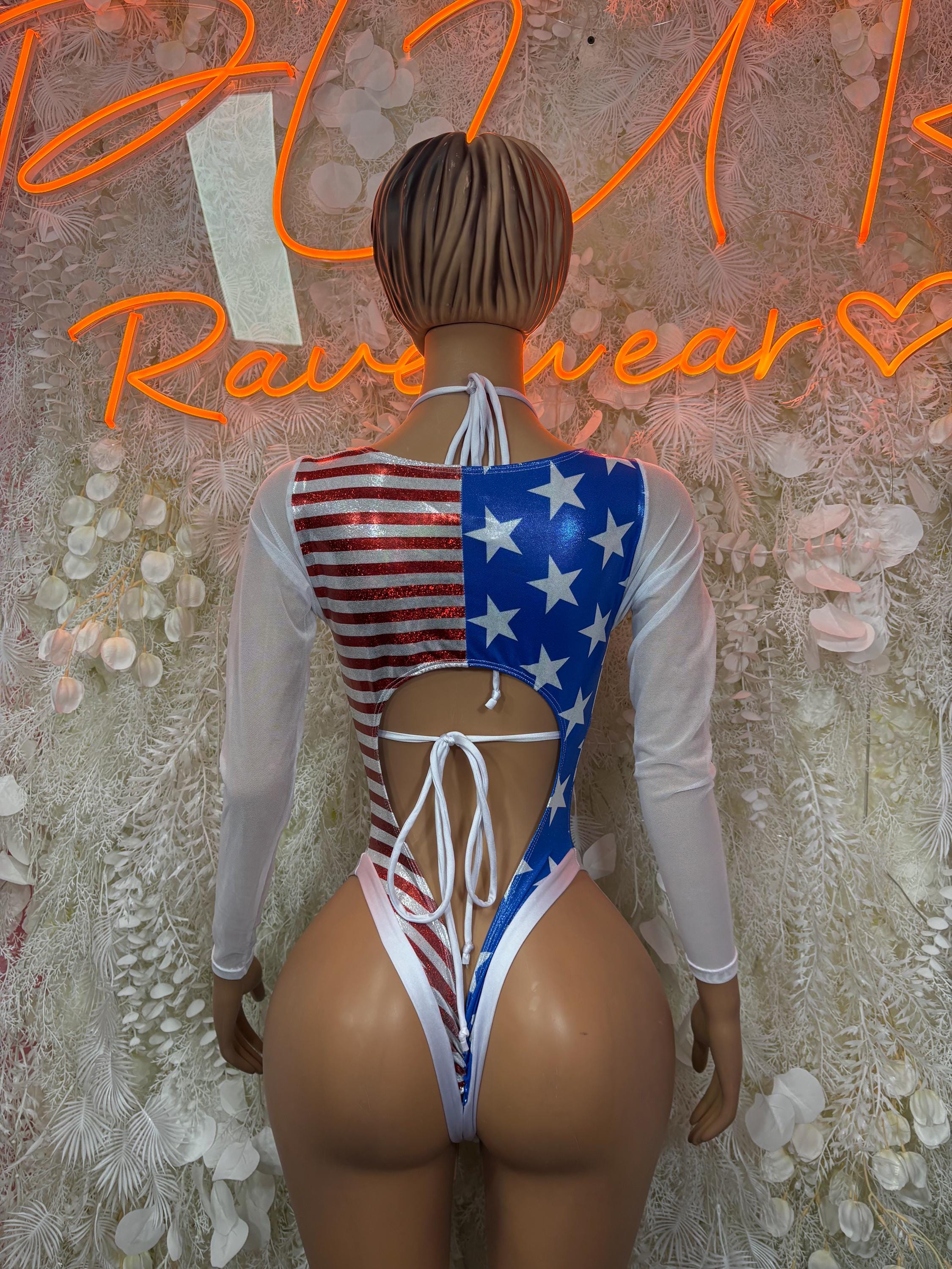 Back view patriotic stars-and-stripes bodysuit with open back and white tie strap