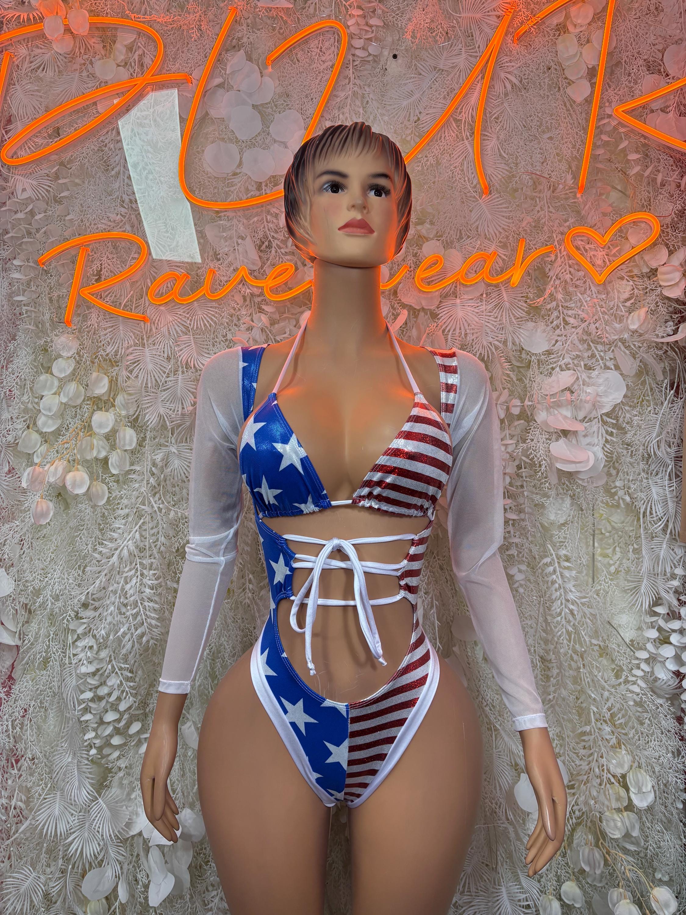 Patriotic stars-and-stripes bodysuit with white tie straps and long sheer sleeves