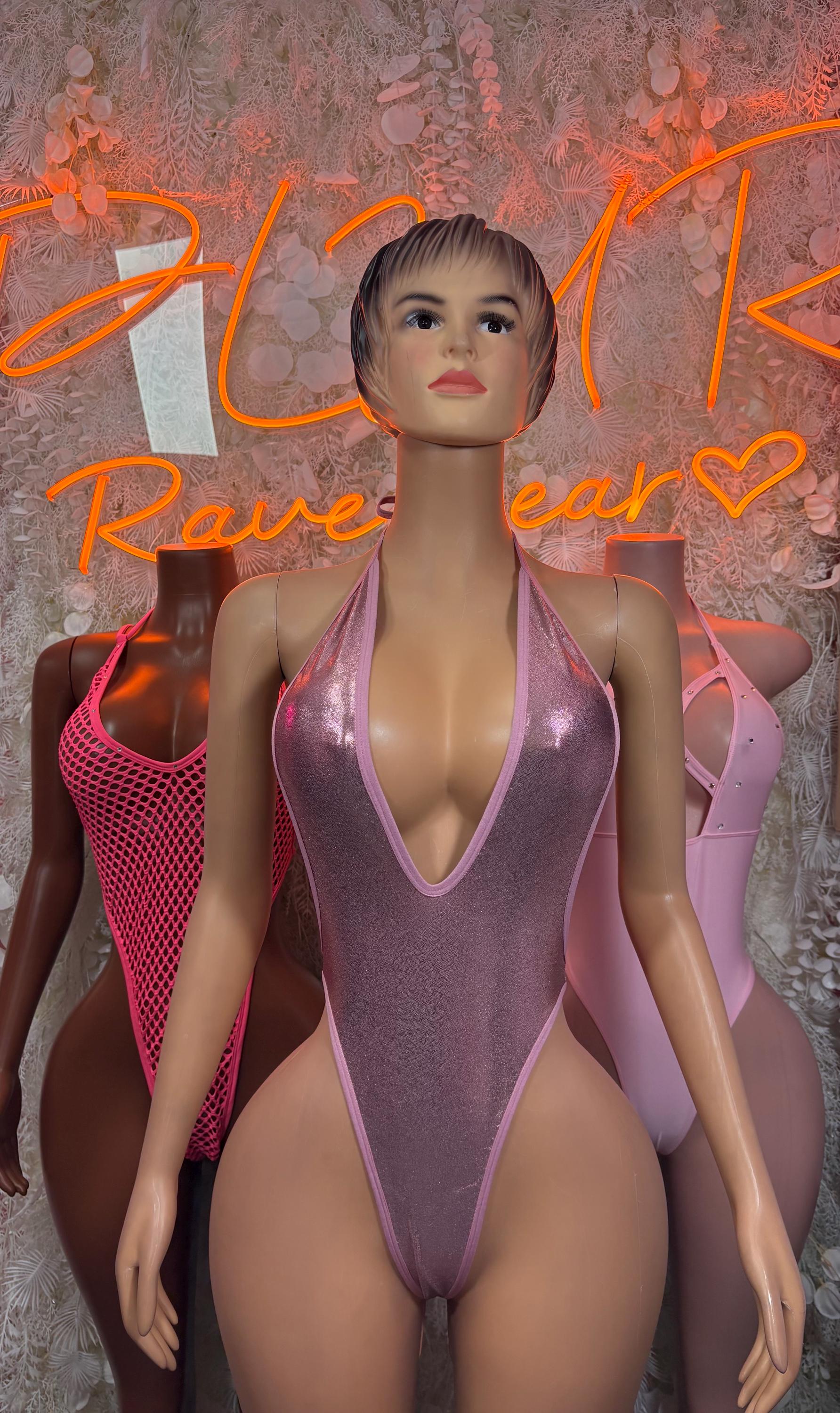 Pink metallic one-piece bodysuit with open V front and sheer side panels