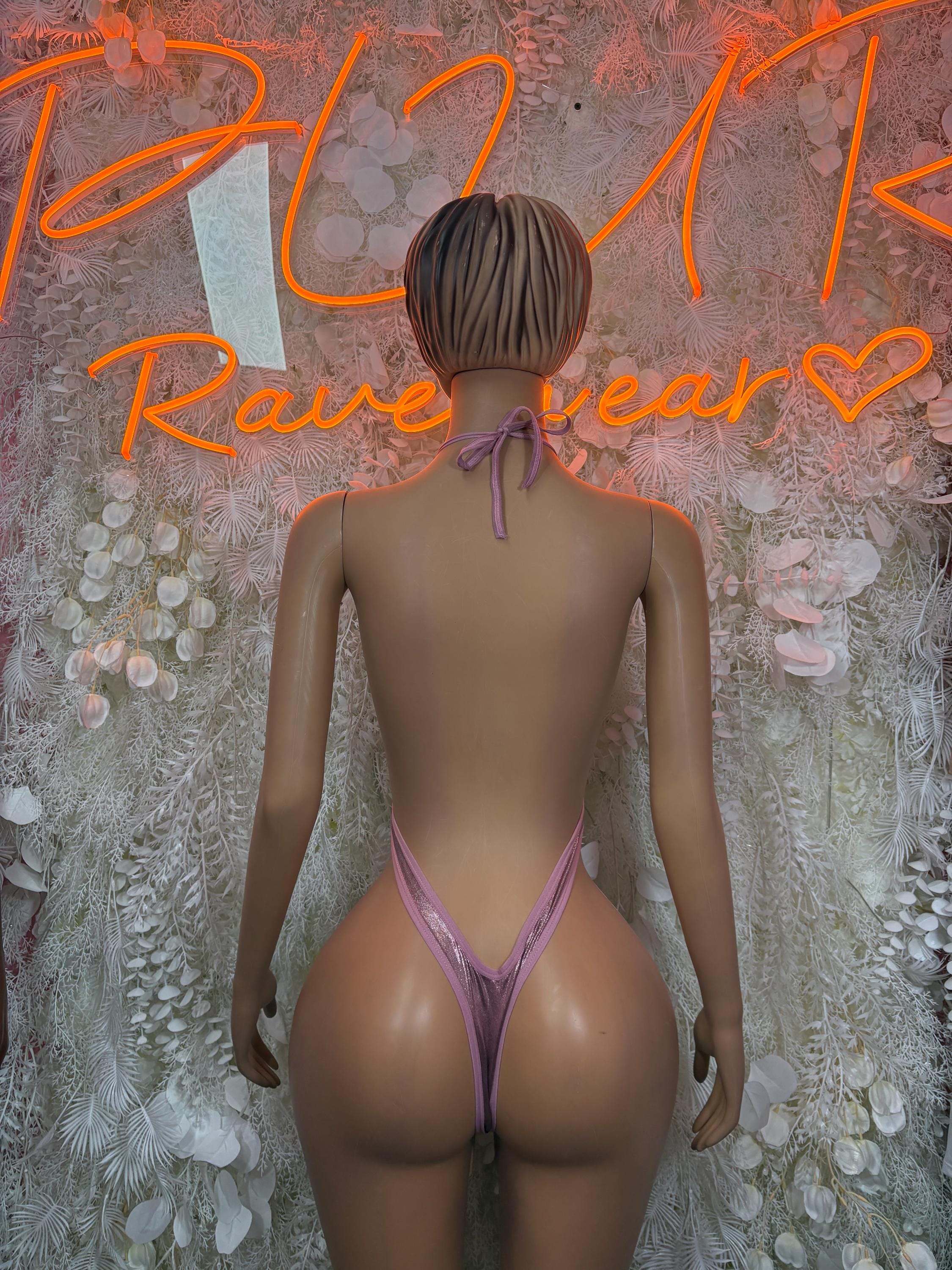 Pink metallic backless one-piece bodysuit with tie halter straps