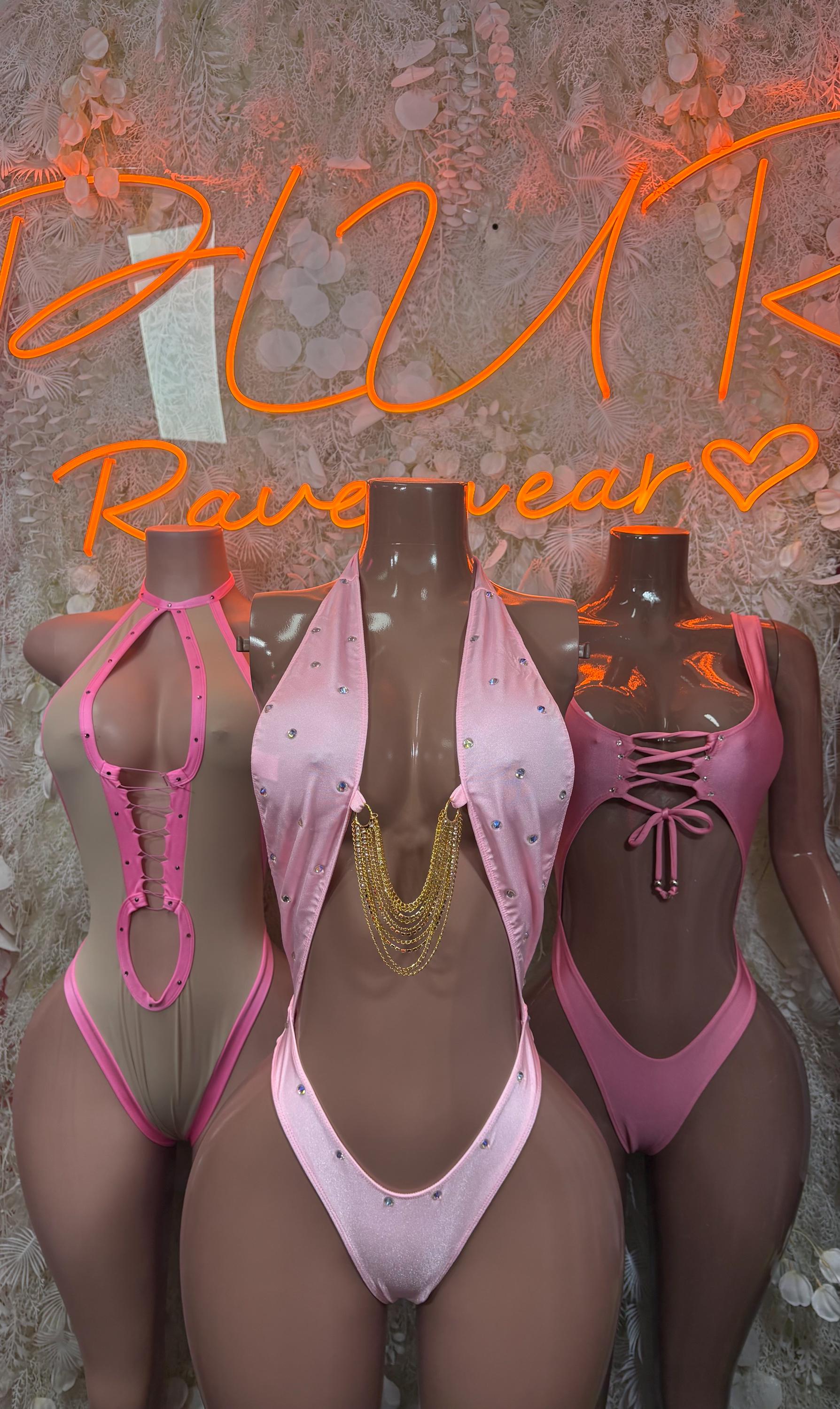 Baby pink one-piece bodysuit with V-neck and gold chain trim