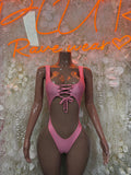 Pink lace-up one-piece bodysuit, scoop neck and tie front