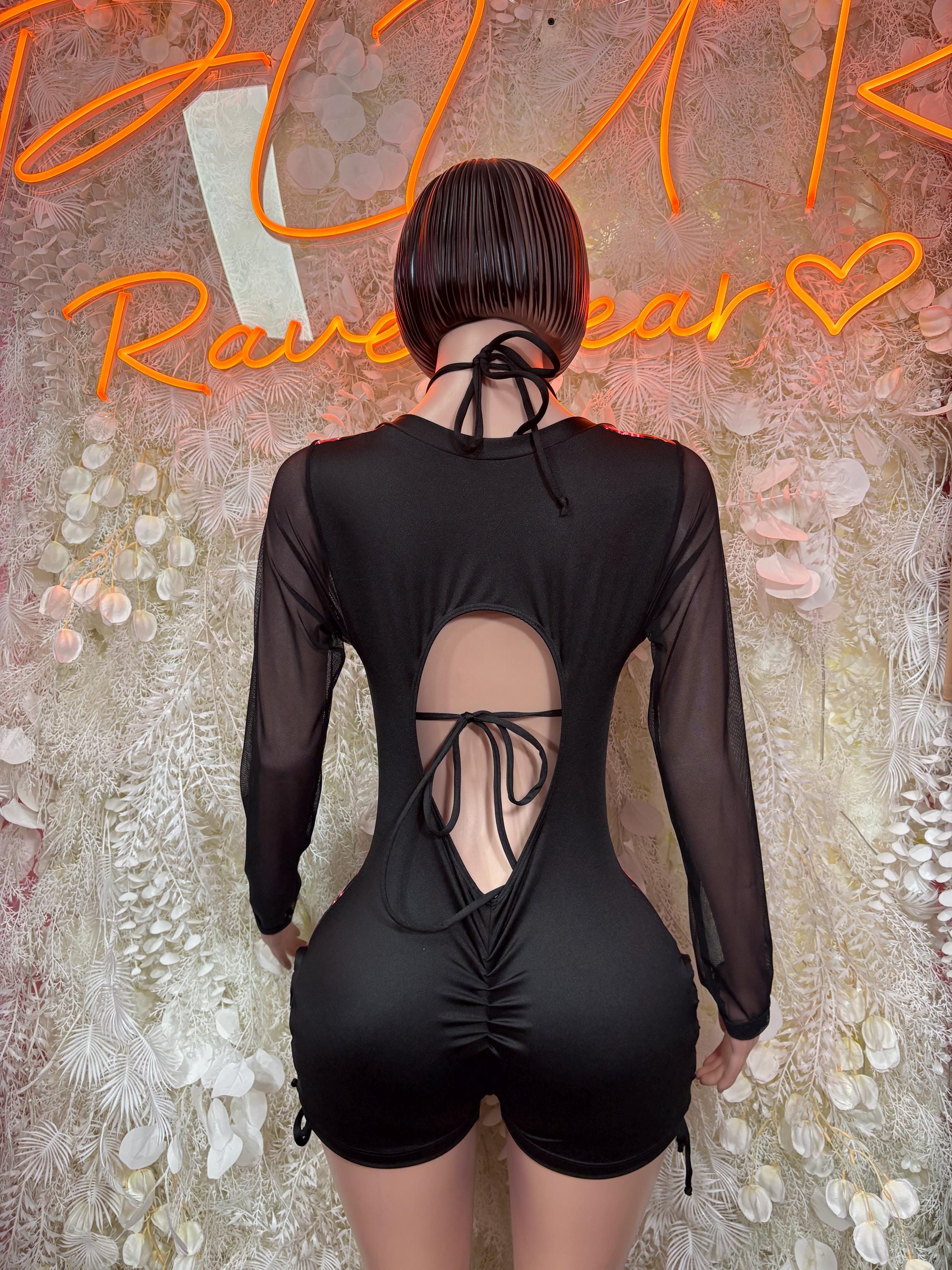 Black sheer long-sleeve bodysuit with open back and crisscross lace tie