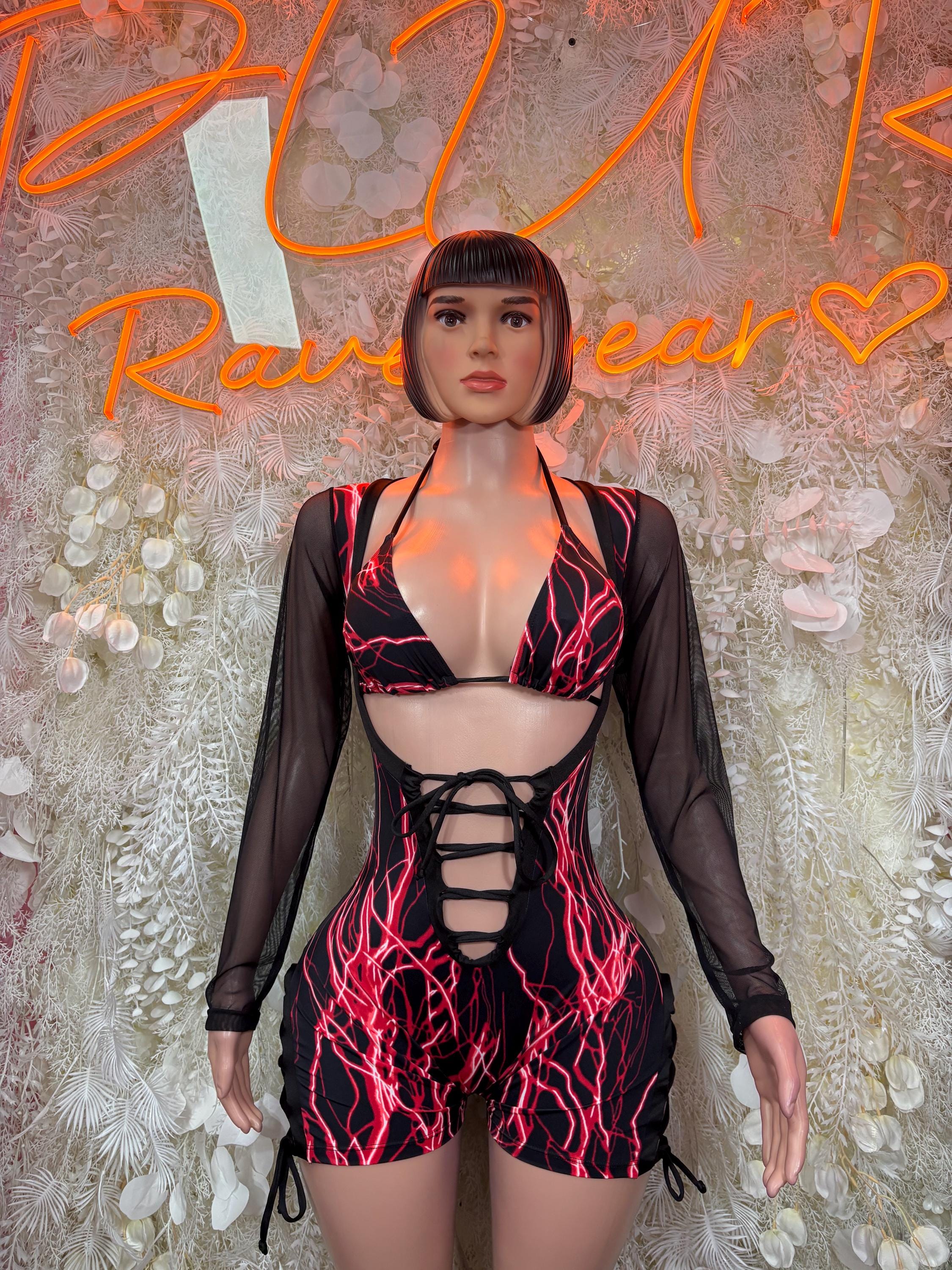 Black sheer long-sleeve bodysuit with red electric pattern and lace-up front and hem