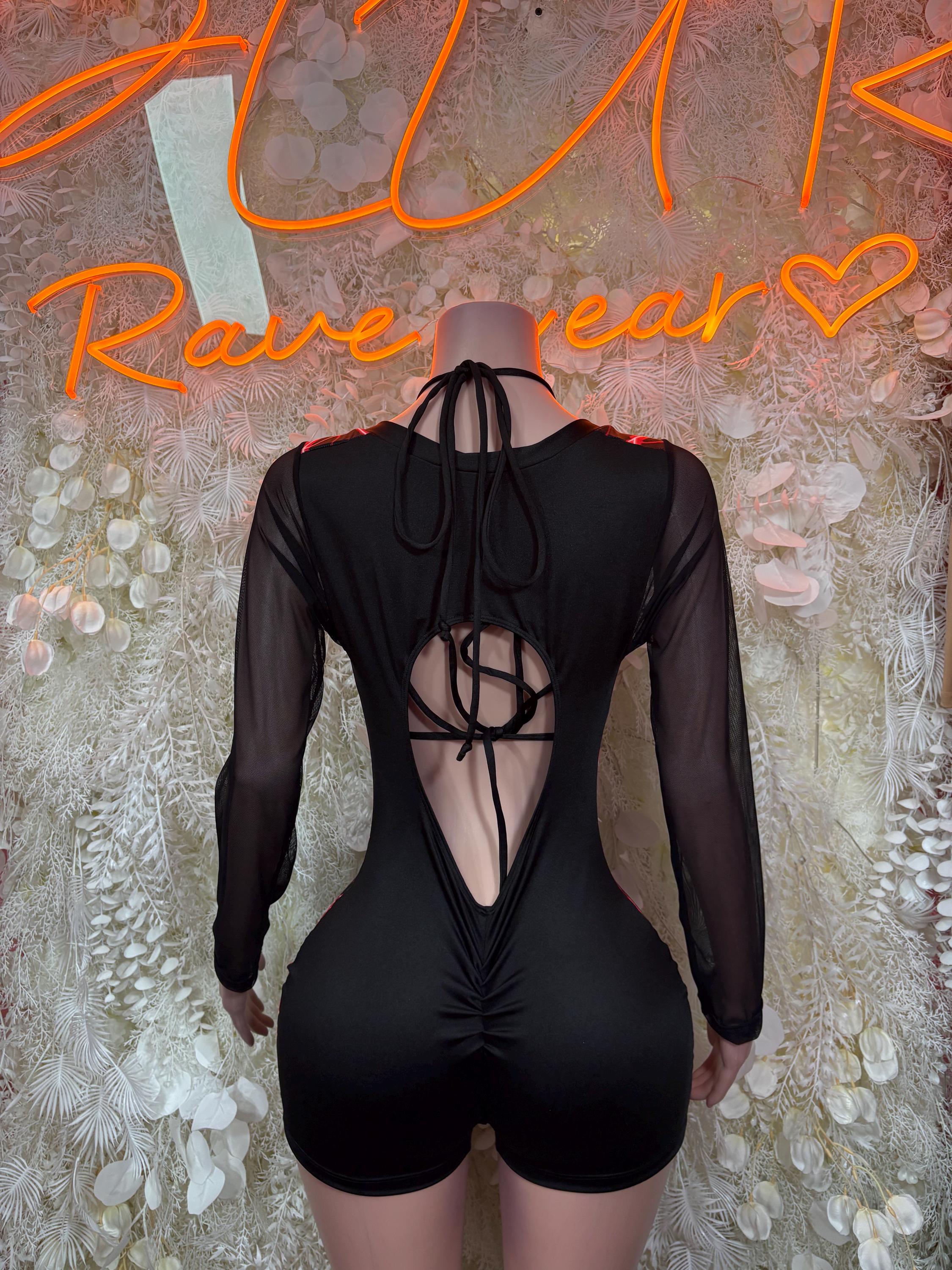 Red electric graphic bodysuit with sheer black sleeves, strappy back and deep V-back