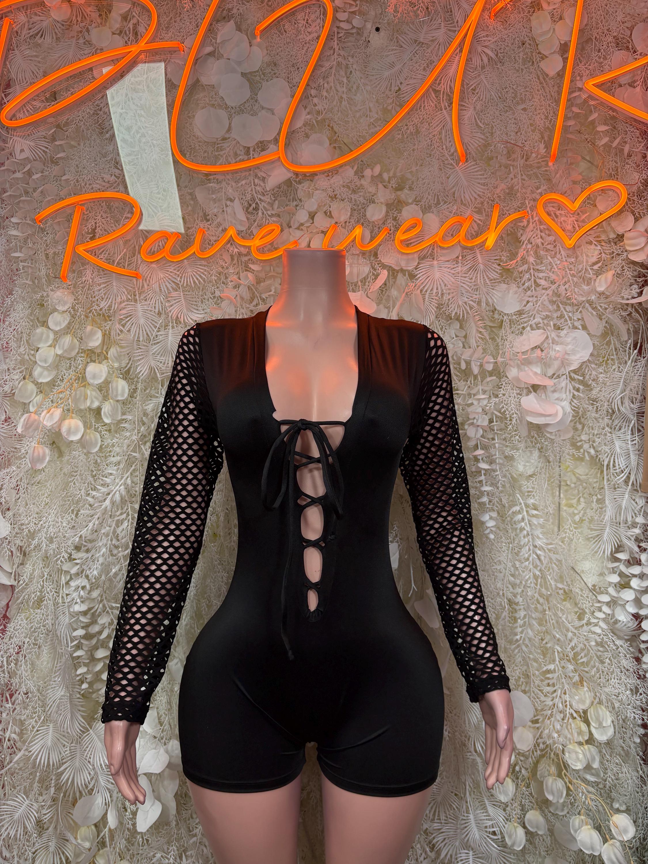 Black lace long-sleeve bodysuit with front lace-up cutout