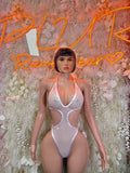 White fishnet halter bodysuit with cutout sides and cheeky back
