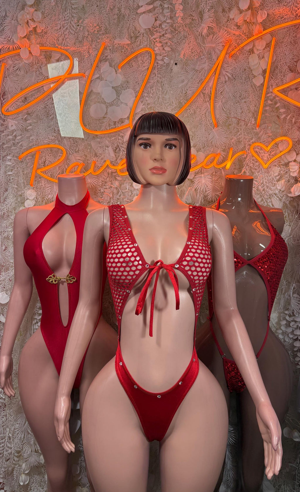 Red rhinestone halter bodysuit with front bow tie and keyhole cutout