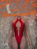 Red halter bodysuit with keyhole cutout and gold clasp, sleeveless