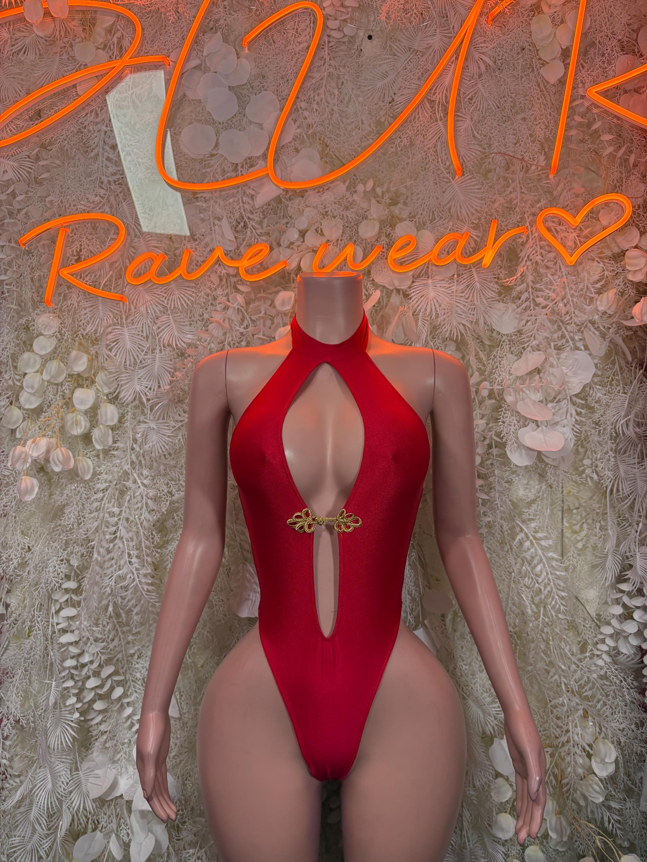 Red halter bodysuit with keyhole cutout and gold clasp, sleeveless