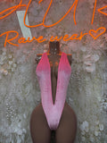 Pink velvet one-piece bodysuit with deep V neckline and high-cut legs