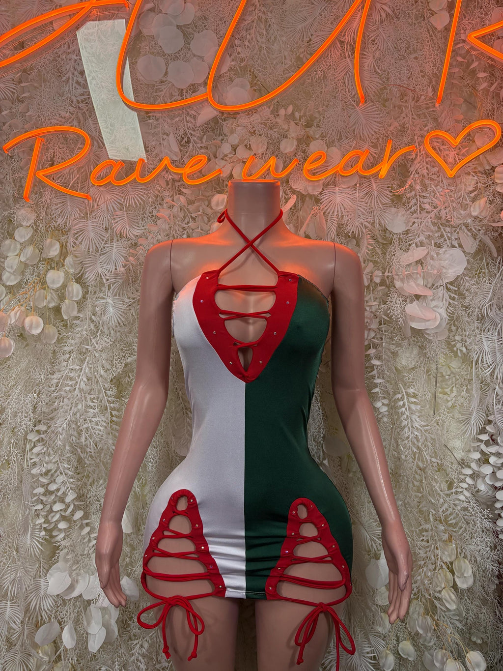 Mexican flag halter mini dress with red, green, and white panels and crisscross neckline