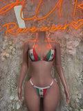 Mexican flag triangle bikini with matching high-cut bottoms, red green white print