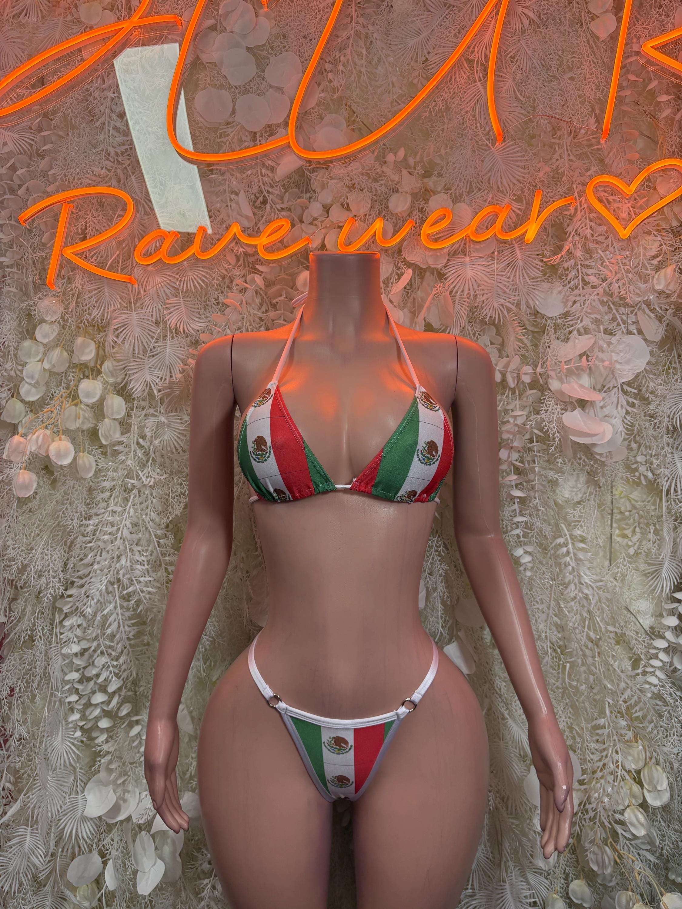 Mexican flag triangle bikini with matching high-cut bottoms, red green white print