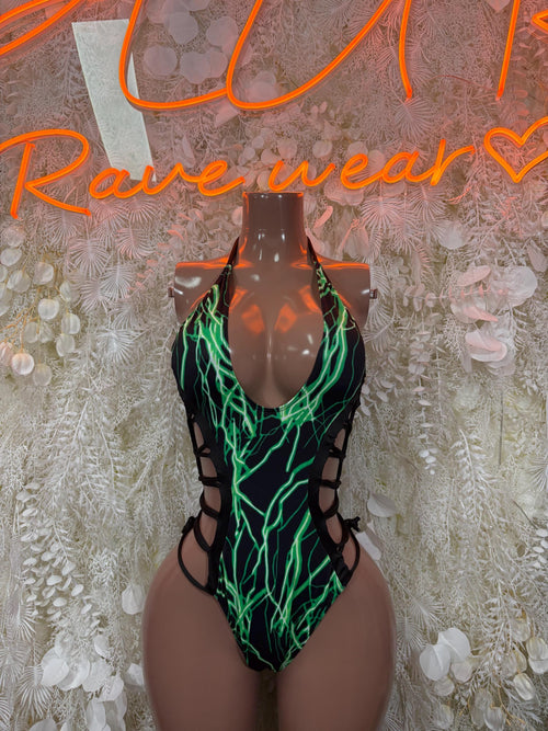 Bottlegirl one-piece bodysuit, black with neon green electric trim and halter straps