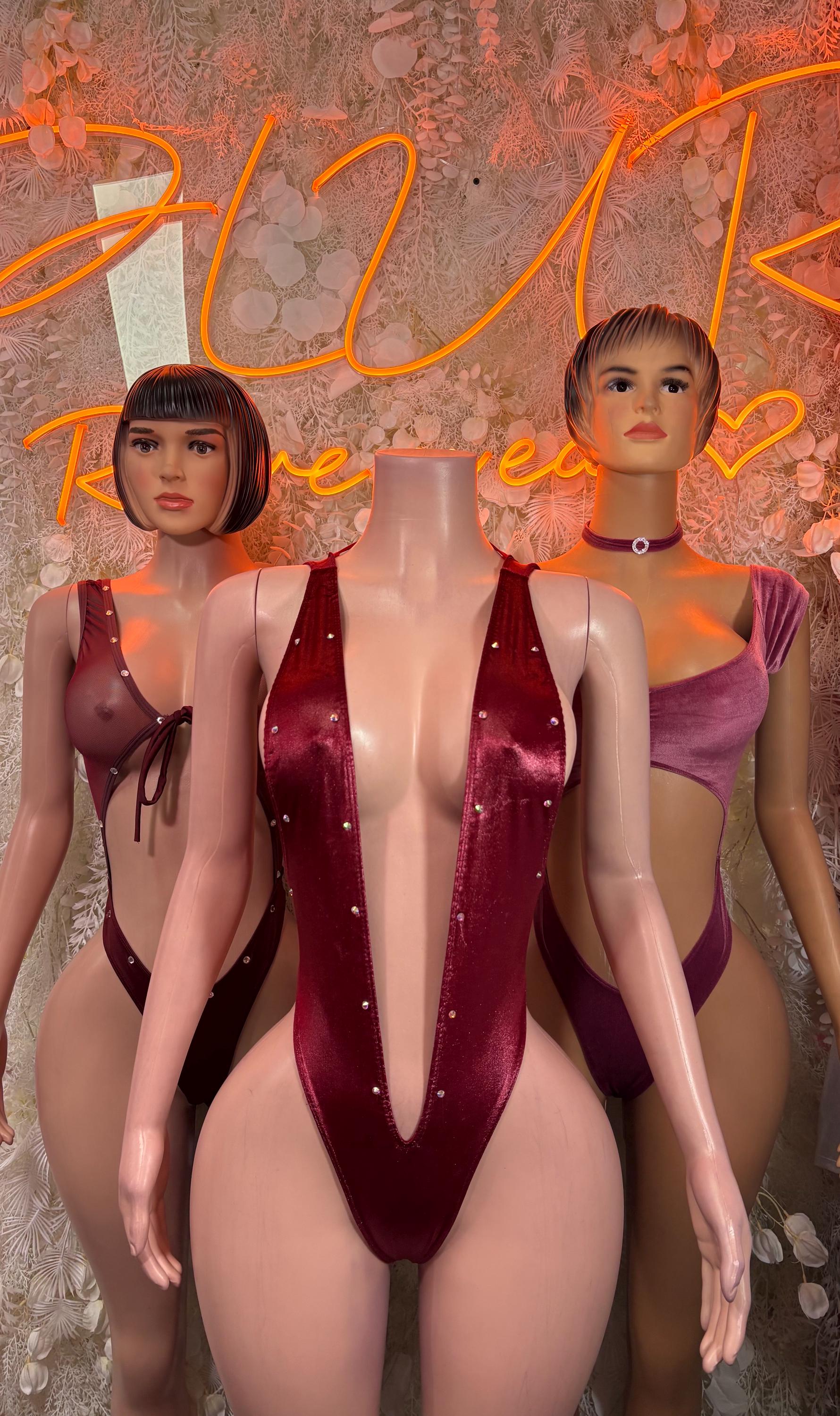 Burgundy sequin festival bodysuit with deep V front and tied shoulder straps