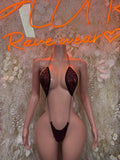 Bodysuit with deep V neckline, sheer panels, and adjustable straps, front view