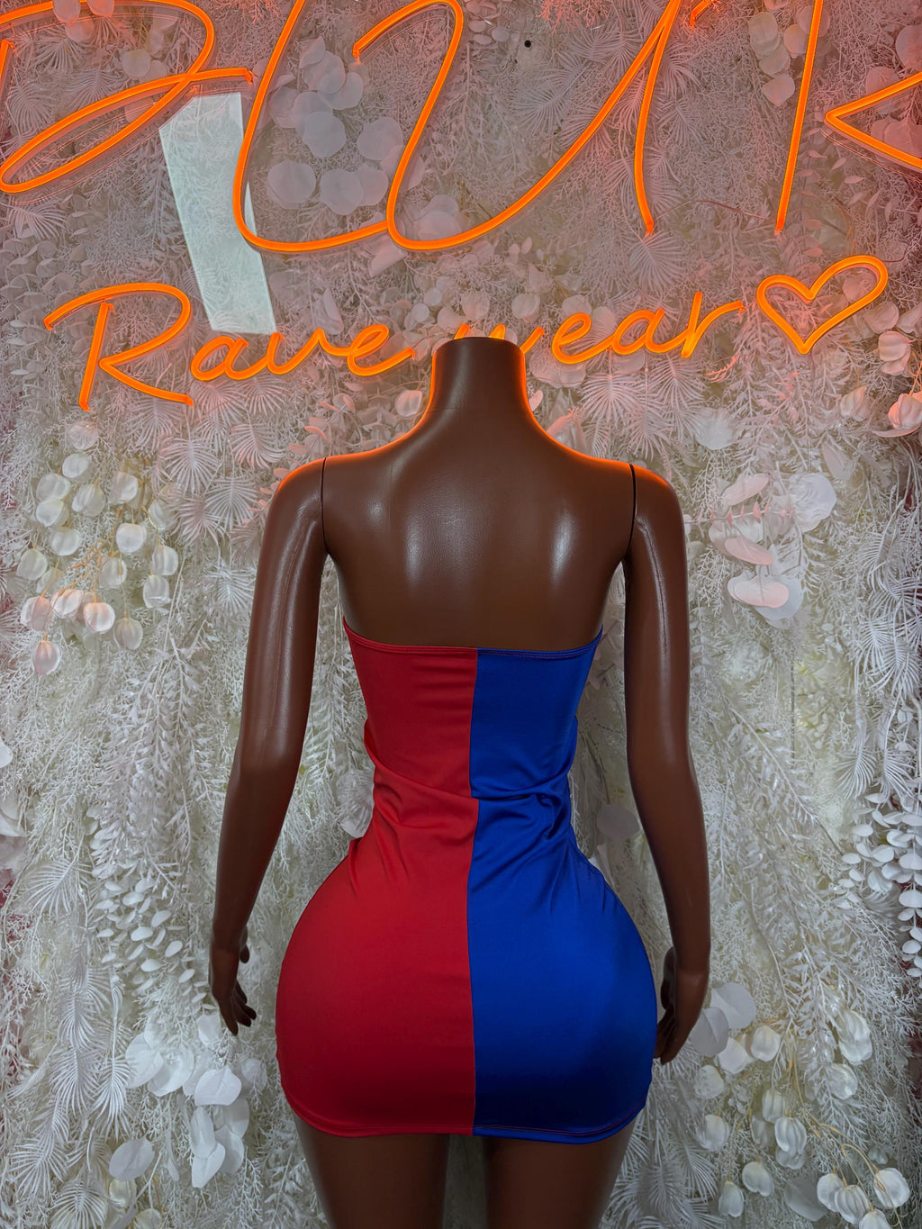 Flag print one-piece dress, sleeveless fitted skirt with racerback, back view
