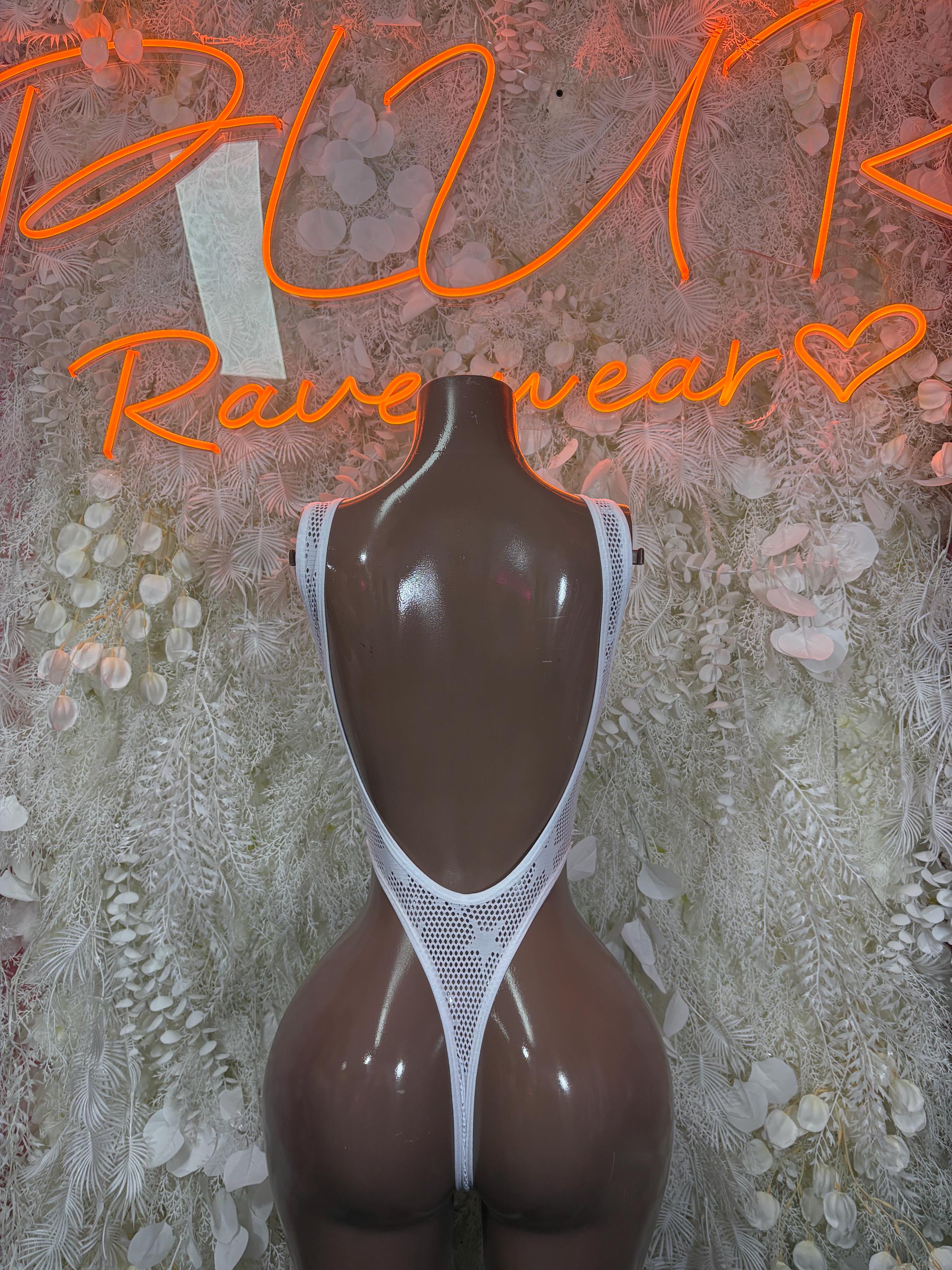 White fishnet bodysuit with open back and high-cut thong-style leg openings