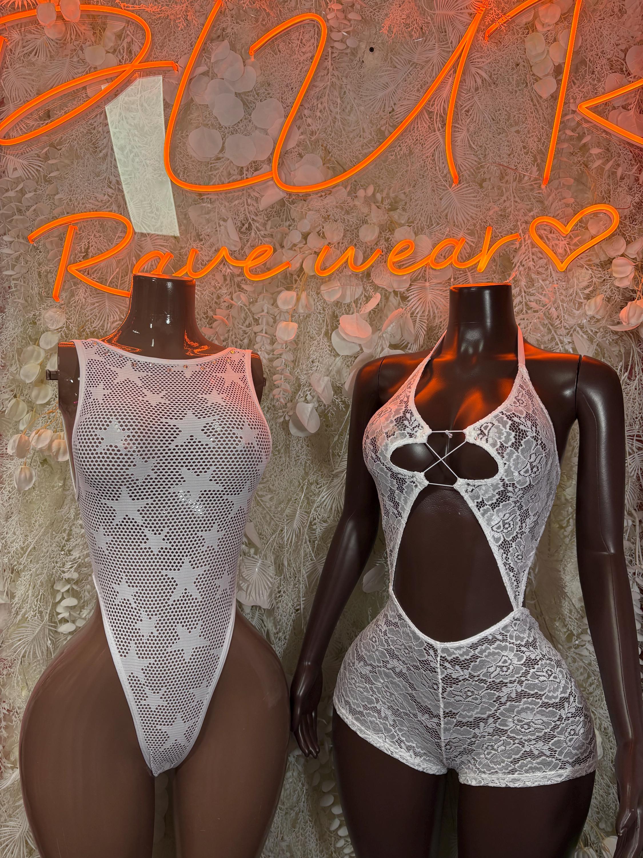 White lace fishnet bodysuit, front and back views with lace cutouts