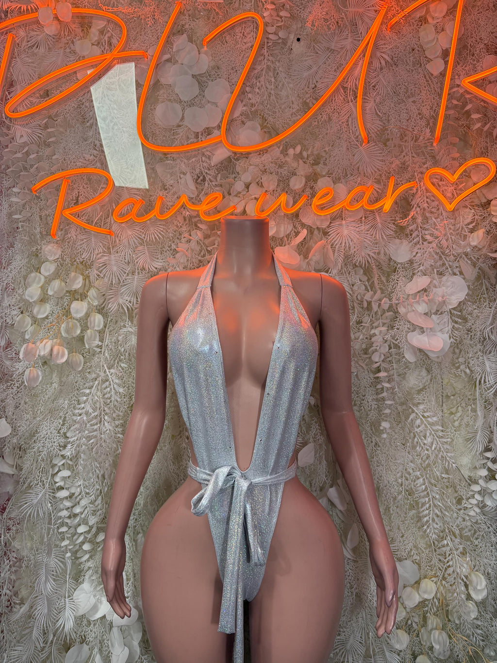 Metallic silver halter bodysuit with bow tie and deep V front