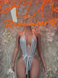 Metallic silver halter bodysuit with bow tie and deep V front